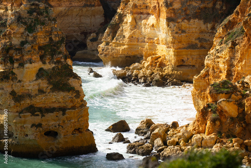 Aerial view of Marinha beach and Mesquita beach. Beautiful beach in the Carvoeiro, in Algarve, Portugal