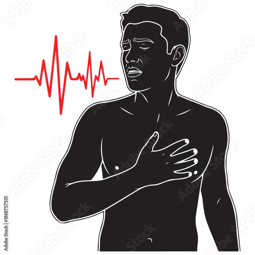 Male Silhouette Experiencing Chest Pain with Irregular Heartbeat Graphic