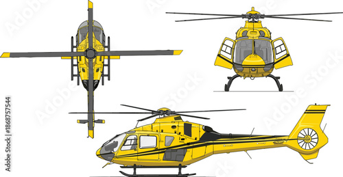 Yellow rescue helicopter illustration, front side top views, emergency aviation aircraft, detailed vector, isolated white background, studio, technical, design, set
