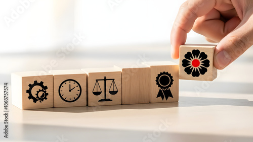 Hand Places Final Block with Premium Quality Badge, Symbolizing Achievement of High Business Standards