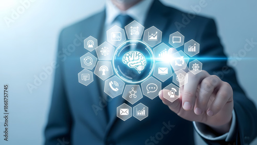Businessman Taps Virtual Screen with AI Brain Icon, Symbolizing Artificial Intelligence Integration for Digital Transformation and Business Innovation