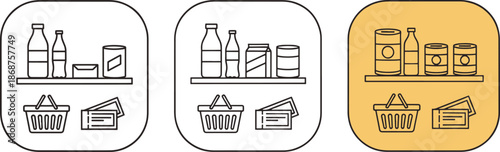 Supermarket shelf with grocery products and shopping basket icons set