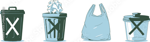 Waste management icons with trash bin and plastic bag vector graphics