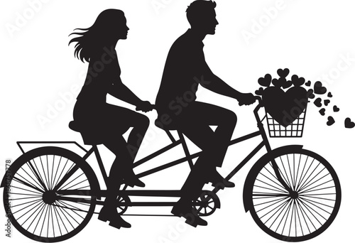 Romantic black silhouette vector of couple riding tandem bicycle with heart shaped basket, symbolizing love and togetherness