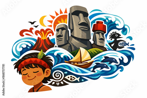 Vector Illustration of Rapa Nui Culture with Moai Imagery Emerging from a Child’s Imagination
