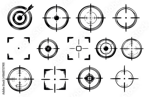 Hand drawn target and crosshair set featuring various aiming and focus frame designs for achieving goals and precision