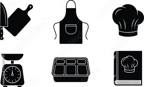 Collection of cooking and kitchen related silhouette icons