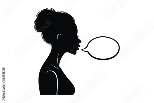 Black silhouette of a woman's profile with an updo hairstyle and a speech bubble.