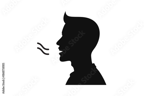 Black silhouette of a person's head and upper body, with wavy lines indicating speech or breath.