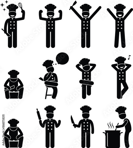 Collection of stick figure chefs in various poses and actions