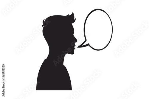 Black silhouette of a young person's head with an empty speech bubble, representing communication or thought.