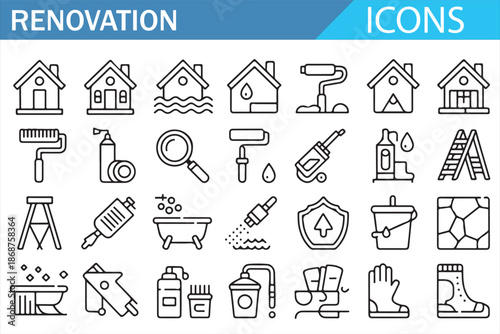 Construction and renovation icons pack, linear house repair symbols