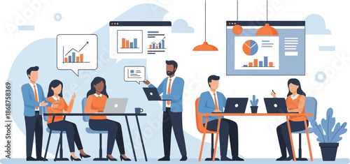 Illustration of a diverse team collaborating in a modern office with laptops and presentation screens.