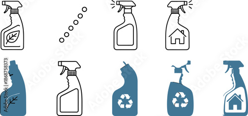 Domestic cleaning spray bottles icon set for household chores use