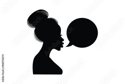Black silhouette of a woman's profile with hair in a bun and a speech bubble, representing communication or thought.