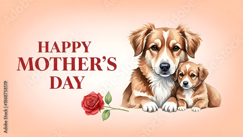 Happy Mothers Day greeting with mother and baby dog and rose puppy mother's day