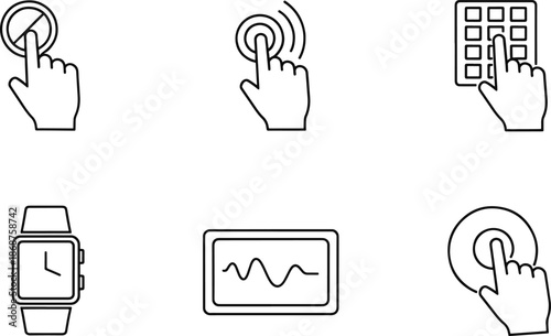 Interactive touch screen hand gesture line icons set for interface