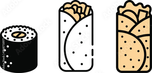 Sushi roll and two burritos or wraps with filling