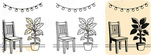 Cozy corner with chairs plants and string lights inside vintage style