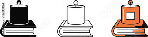 Candle on book line art outline solid fill and colorful vector illustration