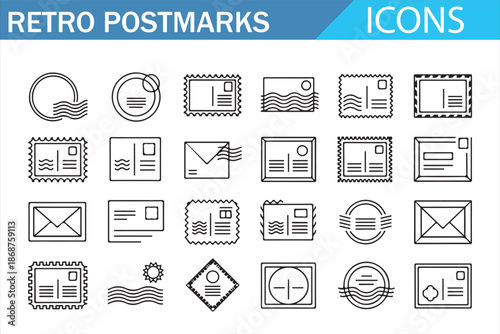 Postal postmarks and envelope outline icons in vintage style