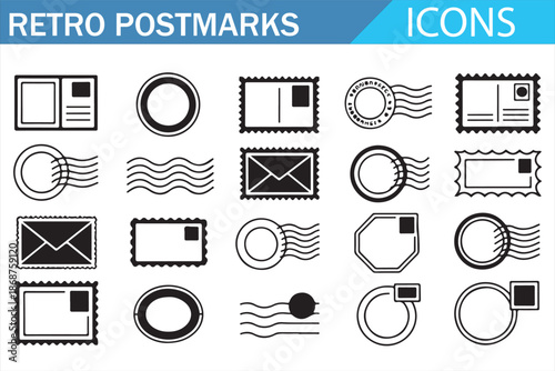 Retro mail and postmark line icons set for graphic and web design