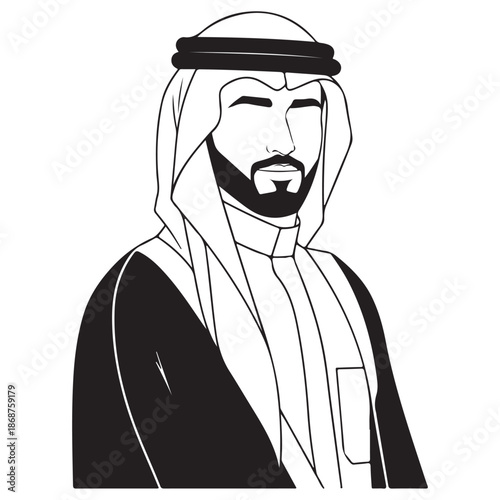 Black and White Illustration of a Middle Eastern Man in Traditional Attire