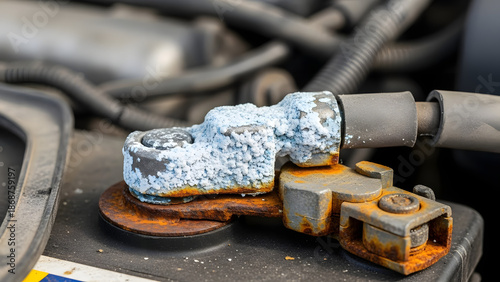Corroded car battery terminal with rusty clamp close-up