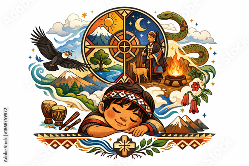 Vector Illustration of Mapuche Symbolism with Kultrun Geometry and a Dreaming Chilean Child