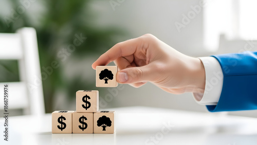 Building a prosperous future Hand stacking blocks with money symbols and trees