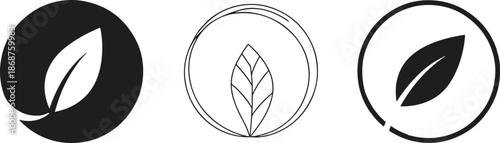 Set of three icons representing nature leaf in circle design
