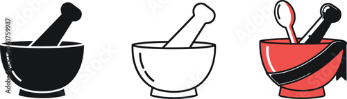 Mortar and pestle vector icon black outline and color glyph illustration set