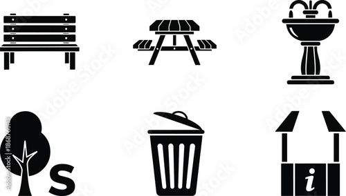 Park bench picnic table fountain tree trash can well icons