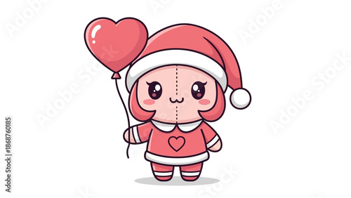 Cute Cartoon Character in Santa Hat Holding Heart Balloon.