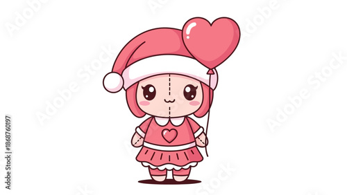Cute Cartoon Girl Holding Heart Balloon.