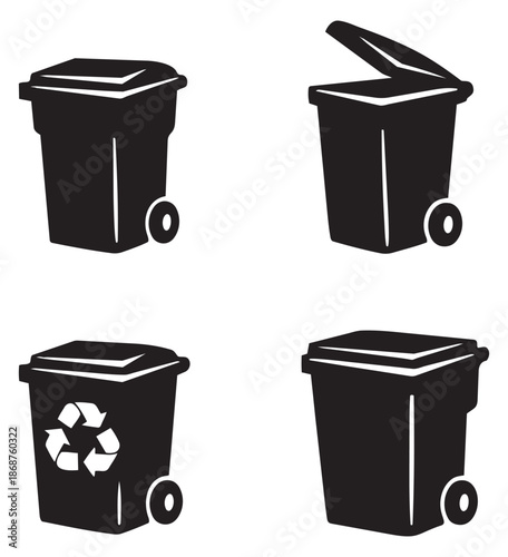 Iconic waste bin set featuring closed, open, and recycling containers for waste management