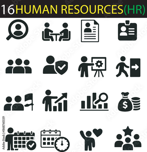 Human Resources and Recruitment Solid Black Icon Set