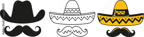 Mexican sombrero hat and mustache icon set outline silhouette color design