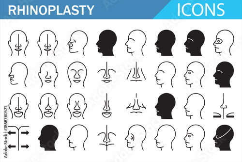 Cosmetic surgery nose outline icons grid for clinic and medical branding