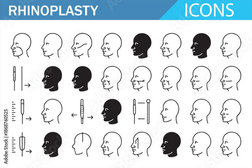 Rhinoplasty and nose anatomy line icons set for healthcare design
