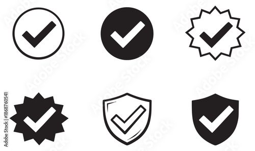 Clean graphic approval icon set featuring checkmarks in circles, starbursts, and shields for confirmation and security