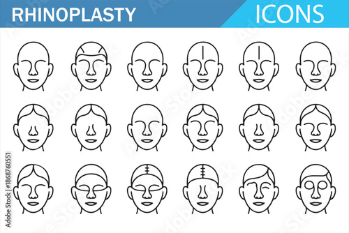 Rhinoplasty nose icons set in outline style for plastic surgery and medical design