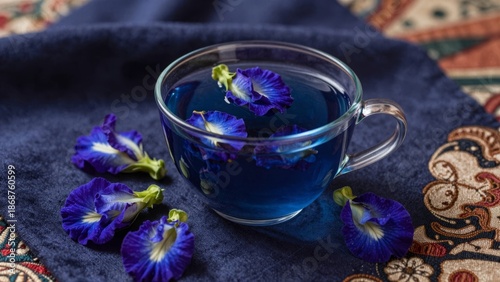 Blue butterfly pea tea in glass cup with fresh blossoms on fabric