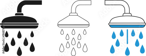 Shower head icon collection with falling water droplets of hygiene