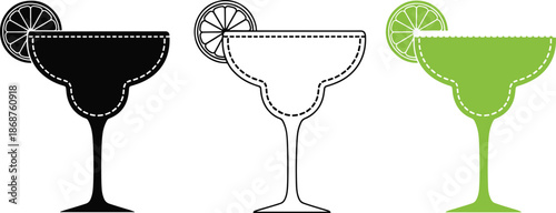 Margarita cocktail glass with lime slice icons in different styles