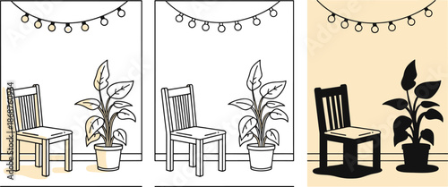 Simple drawing of chairs plants and string lights in room