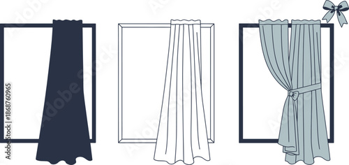 Window curtain icon set in silhouette outline and flat line styles