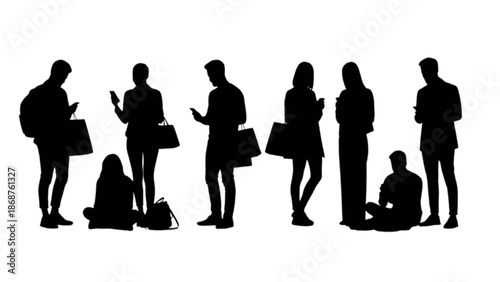 People absorbed in their smartphones and shopping bags, showcasing modern digital interaction