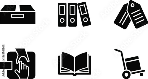Office supply and logistics icons set for business storage service