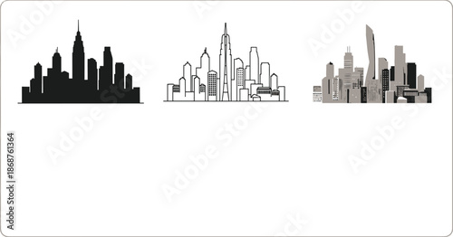 Urban city skyline set with various building silhouettes and outlines
